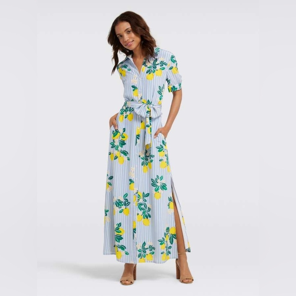 DRAPER JAMES Collection Lemon Blossom Floral Silk Maxi Shirtdress - Sz 0 - Picture 1 of 11